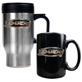 Anaheim Ducks Stainless Steel Travel Mug & Black Ceramic Mug Set