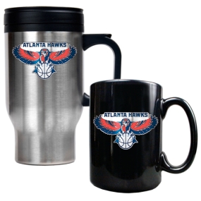 Atlanta Hawks Stainless Steel Travel Mug & Black Ceramic Mug Set