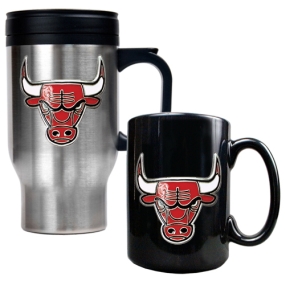 Chicago Bulls Stainless Steel Travel Mug & Black Ceramic Mug Set