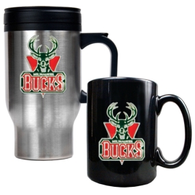 Milwaukee Bucks Stainless Steel Travel Mug & Black Ceramic Mug Set