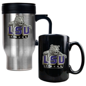 LSU Tigers Stainless Steel Travel Mug & Ceramic Mug Set