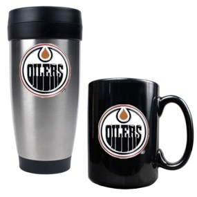 Edmonton Oilers Stainless Steel Travel Tumbler & Black Ceramic Mug Set
