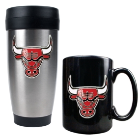 Chicago Bulls Stainless Steel Travel Tumbler & Black Ceramic Mug Set